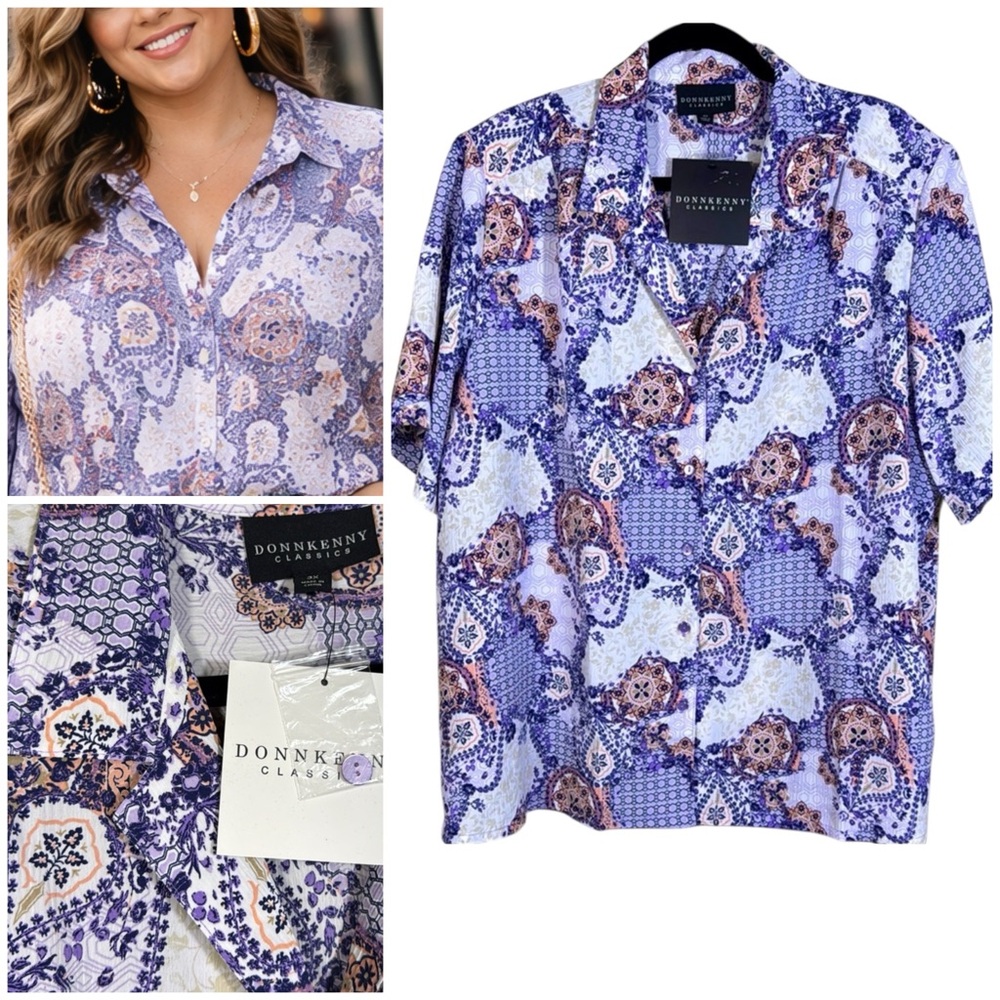 Donnkenny Classics White, Purple, Peach Multicolored Button Up Blouse Sz 3X NWT